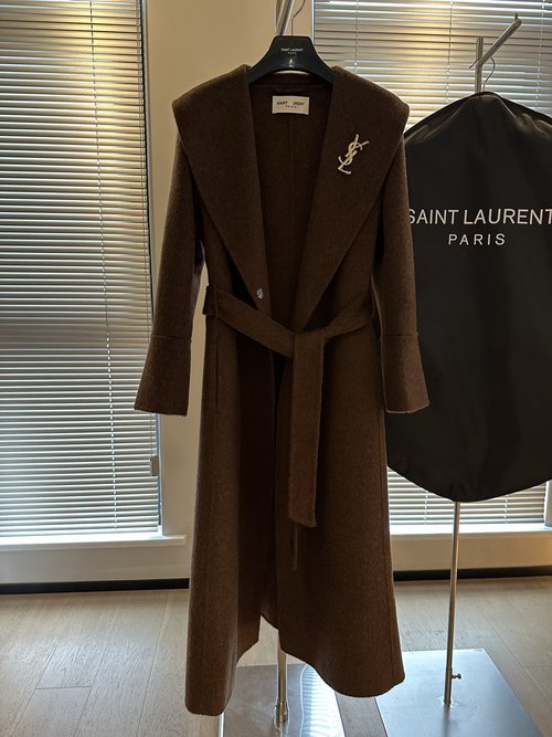 Yves Saint Laurent Sophisticated A-Line Wool Coat with Gilded Brooch