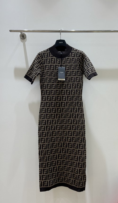 Fendi Elegant Double F Logo Round Neck Short Sleeve Dress