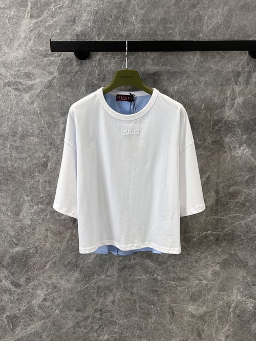 Gucci Cotton Square-Neck Short Sleeve T-Shirt with Embroidery and Patchwork