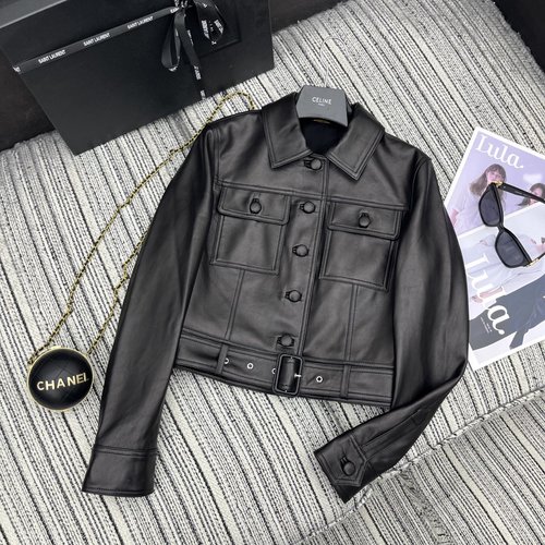 Yves Saint Laurent New Lambskin Collar Jacket, Single-Breasted, Belted Hem, High-End Quality