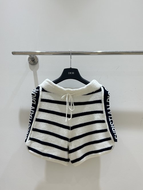 Dior Cotton Blend Striped Knit Shorts with Drawstring for Comfortable Wear
