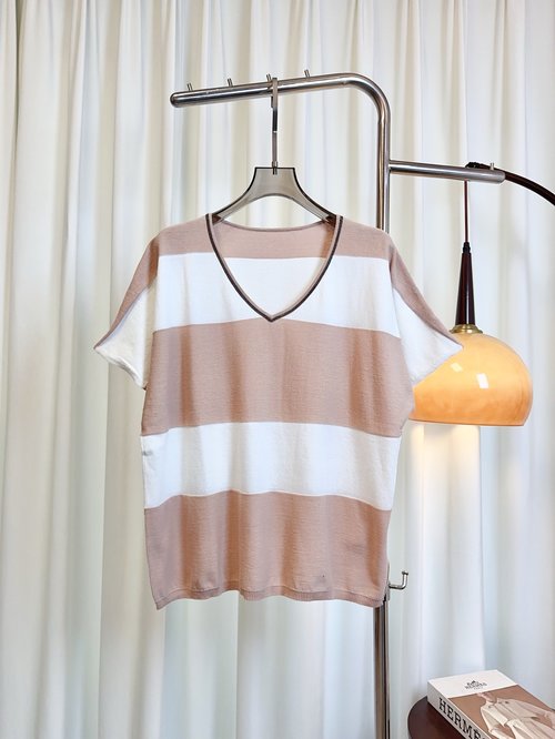 Fendi Striped Beaded V-Neck Top, Elegant and Skin-Friendly