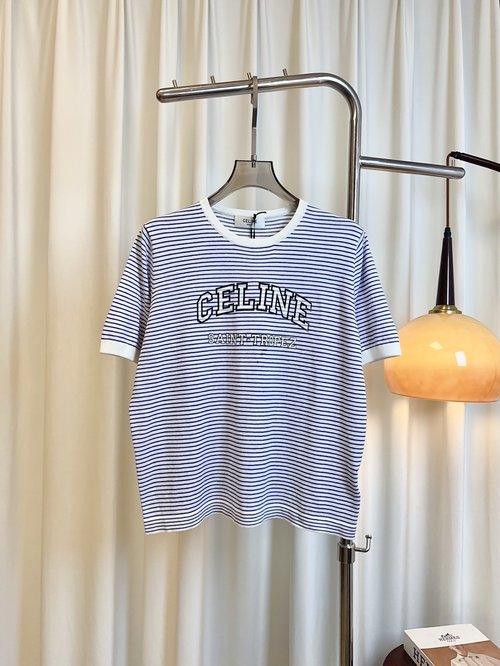 Celine Logo Stripe and Color-blocked Short-sleeve Top in Silk-cotton Blend