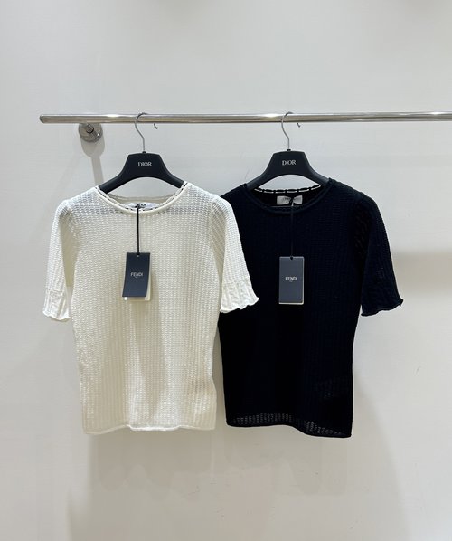 Fendi Round-Neck Short-Sleeve Shirt with Lace Hollow Design, Cool and Breathable