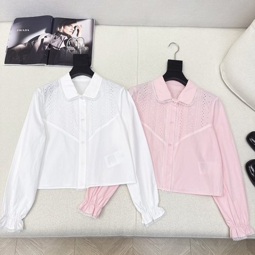 Prada Lace - Trimmed Floral - Embroidery Long Sleeve Blouse in Silk - Cotton