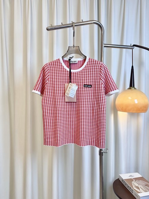 Miu Miu Logo Checkered and Color-blocked Short-sleeve Tencel Top