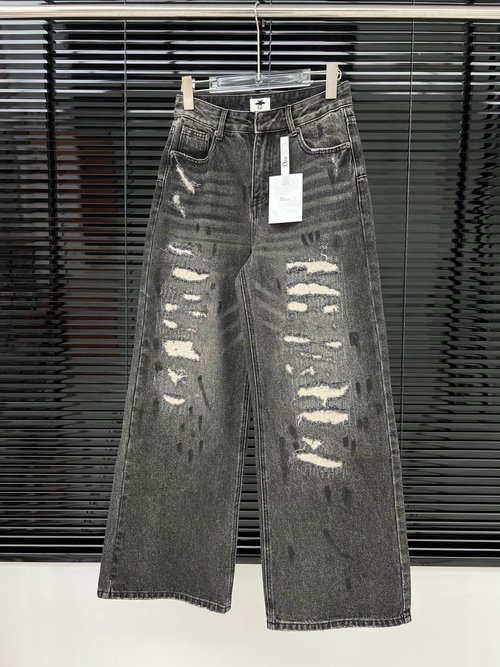 Dior Distressed and Splashed Long Trousers with CD Leather Label, Stylish and Slimming