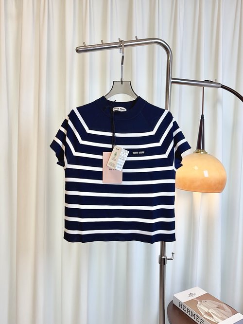 Miu Miu Stripe Drop-shoulder Logo Tencel Short-sleeve Top