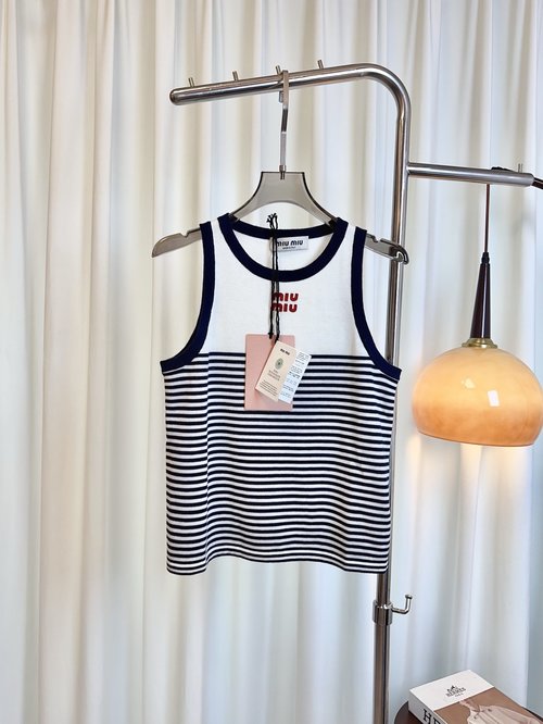 Miu Miu Custom-Woven Striped Wool Vest with Red Insignia, Fashion-Forward and Vibrant