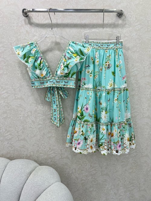 Ami Printed V-Neck Top and Skirt Ensemble with Back Strap