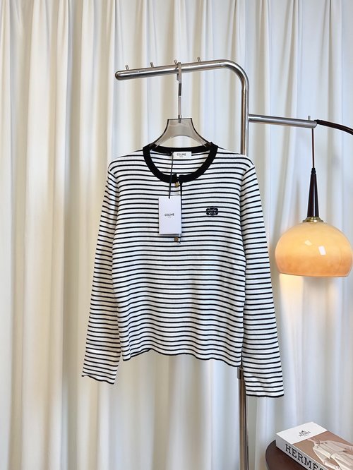 Celine Custom Wool Top with Arch Logo Stripes and Half-Button Design