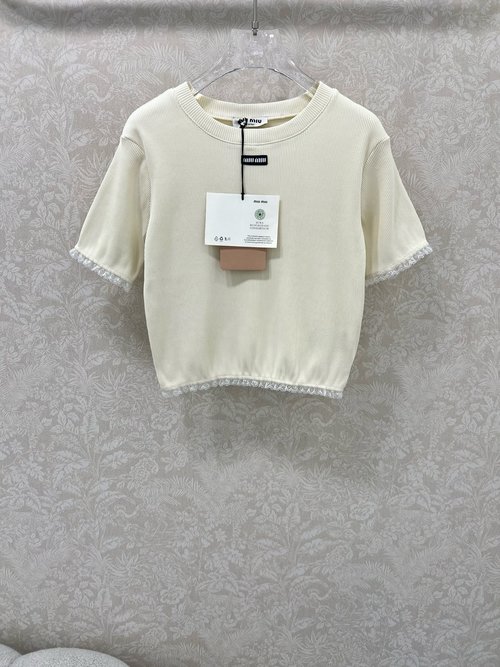 Miu Miu Stylish Lace - Trimmed Ribbed Short - Sleeve Top with Logo