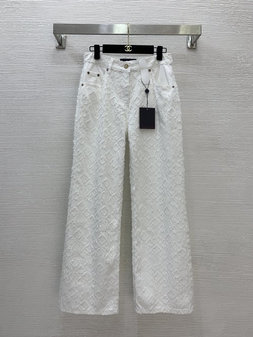 Louis Vuitton White High-Waisted Wide-Leg Jeans with Logo Jacquard