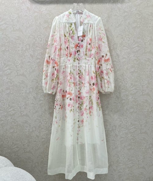 Loro Piana Classic Cotton Blend V-Neck Dress with Floral Prints and Button Placket