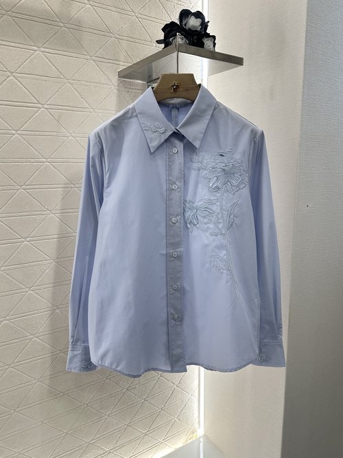 Gucci Floral Embroidery Cotton Shirt with Butterfly Embellishments