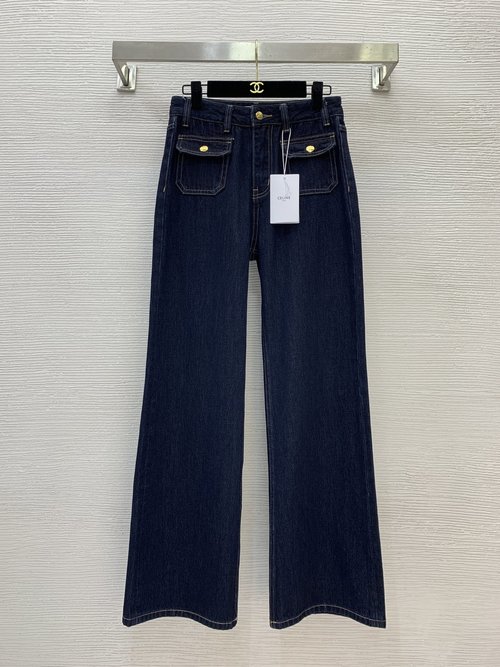 Celine Dark Blue High-Waisted Straight-Leg Jeans with Logo Hardware