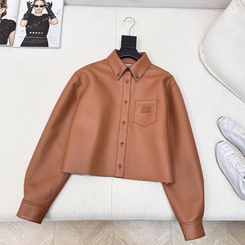 Miu Miu Recommended Mu Series Composite Leather Collared Shirt with Patch