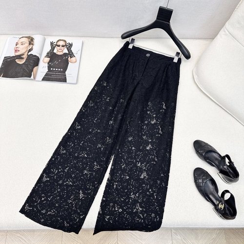 Chanel French Lace Straight-Leg Pants with Camellia Pattern