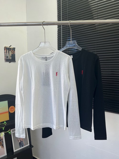 Yves Saint Laurent Two-Color Embroidered Letter Bamboo Cotton Long-Sleeve, Breathable Fabric