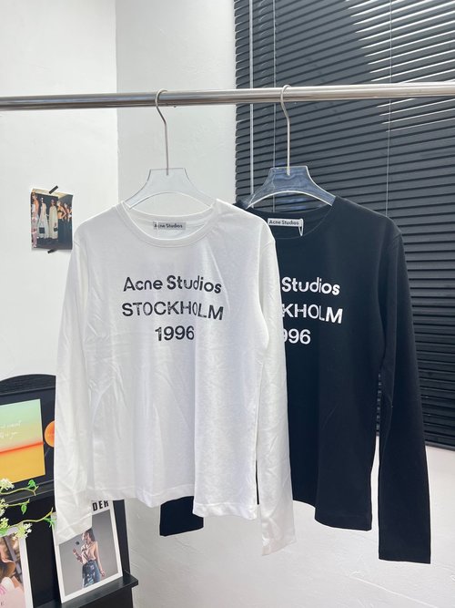 Acne Studios Two-Tone Distressed Letter Bamboo Cotton Top, Slim Long Sleeve