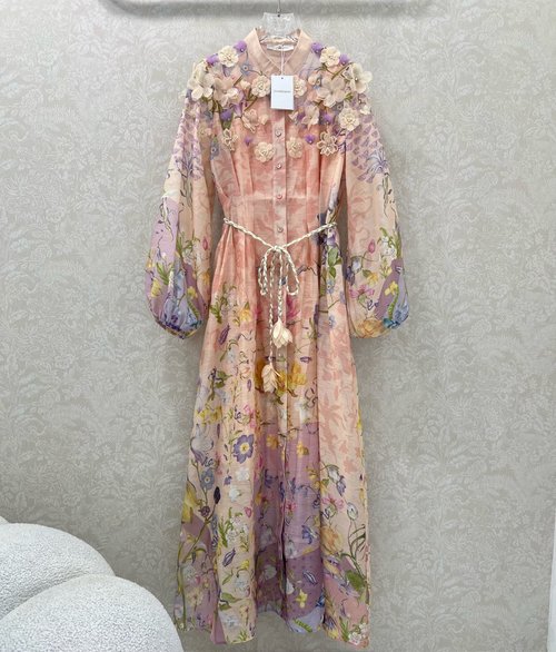 Loro Piana Elegant Hundred Flowers Series Long Dress with 3D Flowers and Forest Print