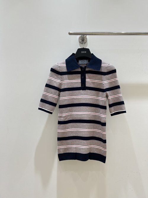 Prada Caramel Stripe Knit Polo Shirt with Vintage Plaid