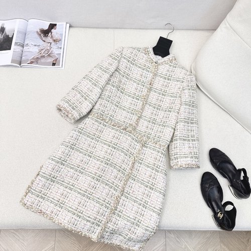 Chanel Knitted Stand Collar Dress with Handmade Lace Trim