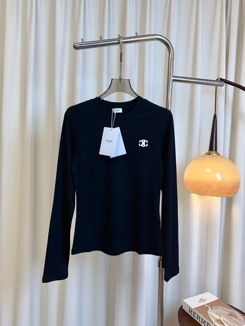 Celine Embroidered Logo Slim-Fit Long-Sleeved Cotton T-Shirt, White & Black