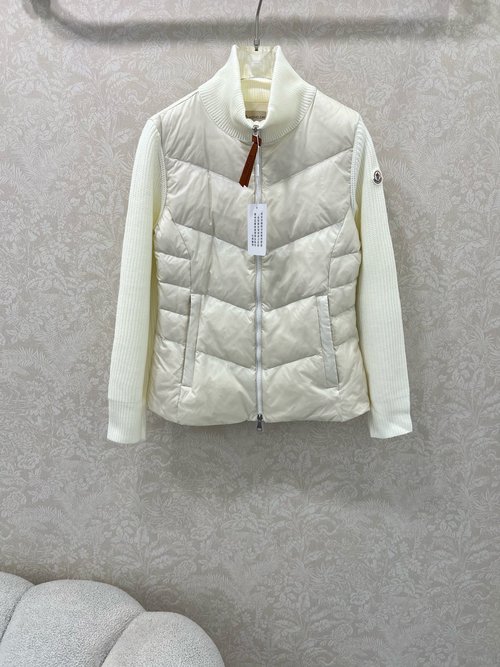 Moncler Stand Collar Wool Knit Patchwork Quilted Short Down Jacket with Invisible Pockets & Lightweight