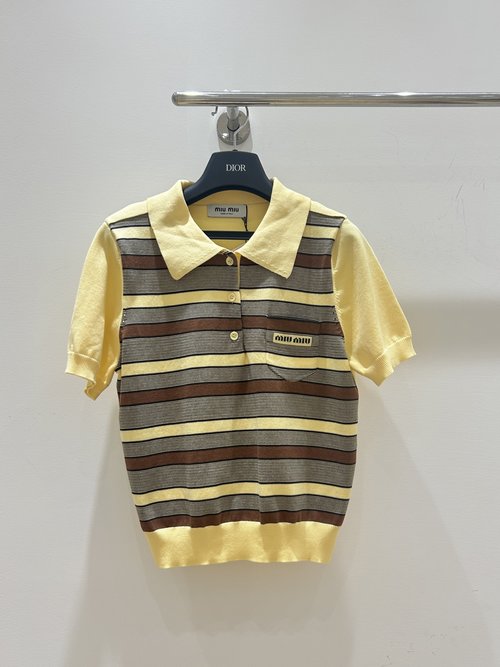 Miu Miu Stylish Short Sleeve Knit with Letter Embroidery and Color Blocking