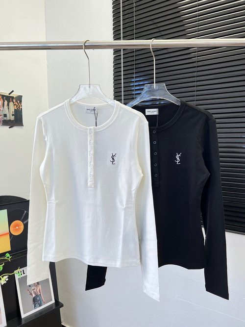 Yves Saint Laurent New: Two - Color Embroidered Letter Button Elastic Long - Sleeve Top
