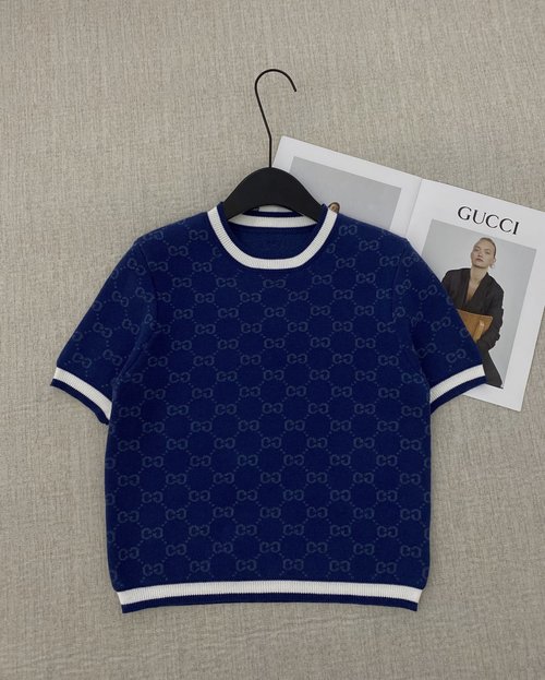 Gucci New Real-shot Double-letter Embroidered Wool-cotton Short Top