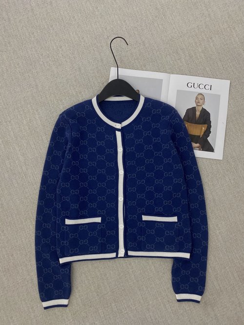 Gucci New Real-shot Double-letter Embroidered Wool-cotton Knitted Cardigan