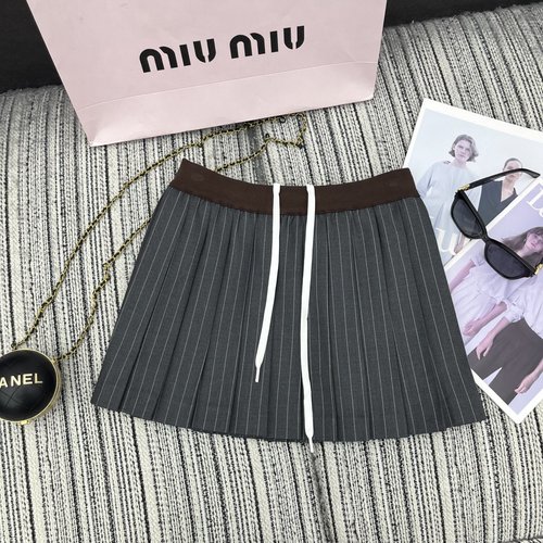 Miu Miu Early Autumn Color-Blocked Striped Pleated Skirt with Embroidered Letters