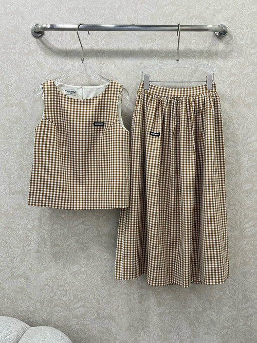 Miu Miu Yellow Checked Two-piece Dress Set with Logo, Elegant and Alluring