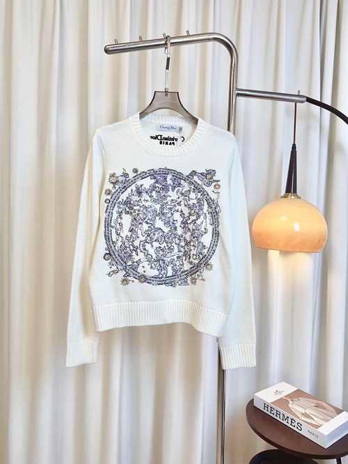 Dior Limited Edition Cashmere Top with Embroidered Purple Flower Logo