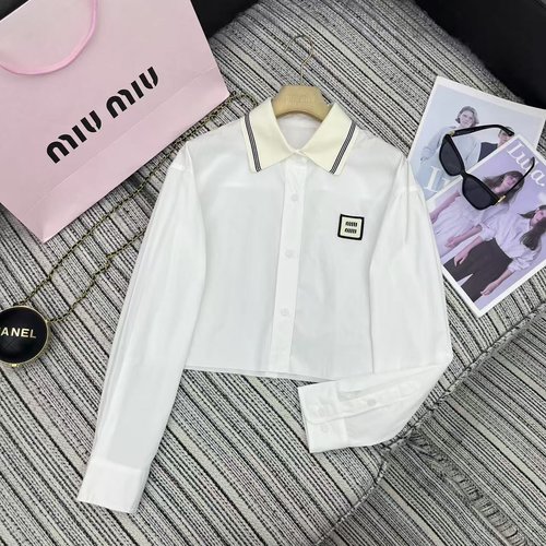 Miu Miu Recommended New Contrast Ribbed Collar White Long-Sleeve Shirt