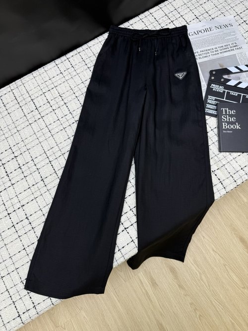 Prada Minimalist Love Triangle Logo Linen Wide-Leg Pants for Elegance