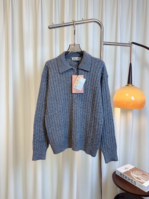 Miu Miu Twisted Neck Logo Wool Top, Button Collar, Fashionable