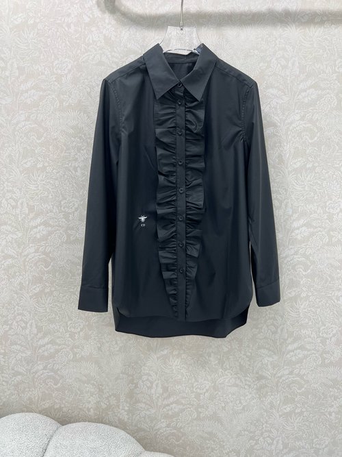Dior Ruffled Collar Shirt with Side Slit and Bee Embroidery
