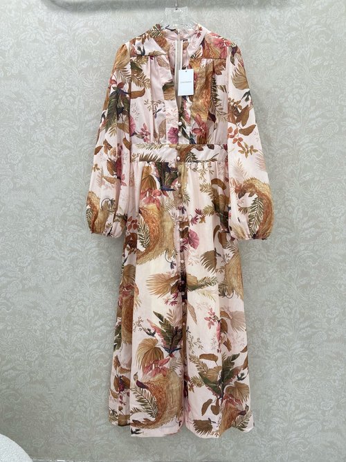 Zimmermann Long V-Neck Floral Print Dress with Lantern Sleeves and Elegant Fabric