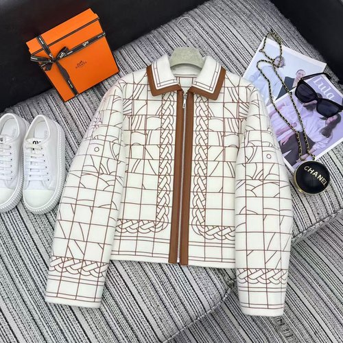 Hermes Embroidered Leather Collar Double-Faced Cashmere Coat