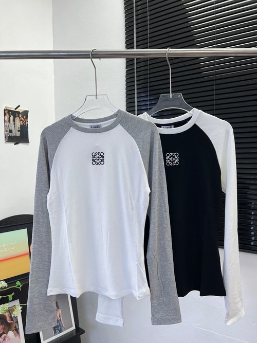 Loewe Two-Tone Contrast Sleeve Embroidered Top, Long Sleeve Stretch Fit