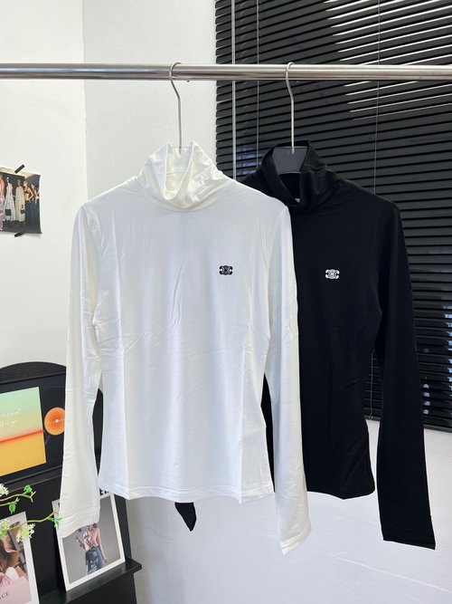 Celine Two-Tone High Neck Embroidered Logo Top, Long Sleeve Comfort