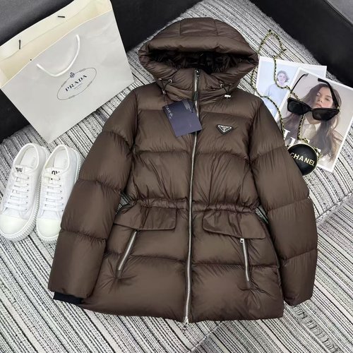 Prada Exclusive Custom Luxury White Goose Down Hooded Coat with Drawstring Waist