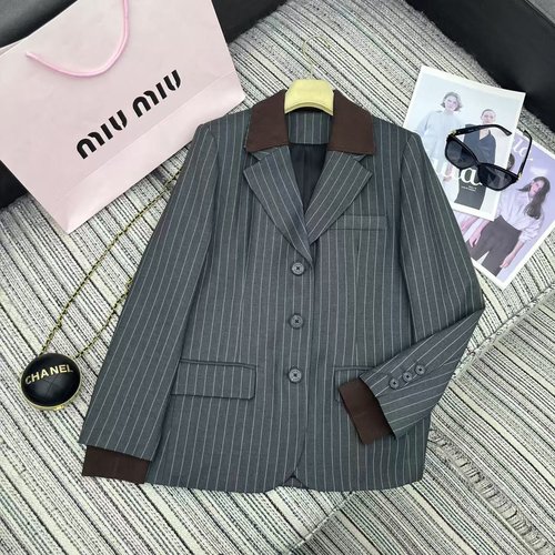 Miu Miu Recommended Miu Series Striped Suit Coat with Spliced Color and Letter Patchwork
