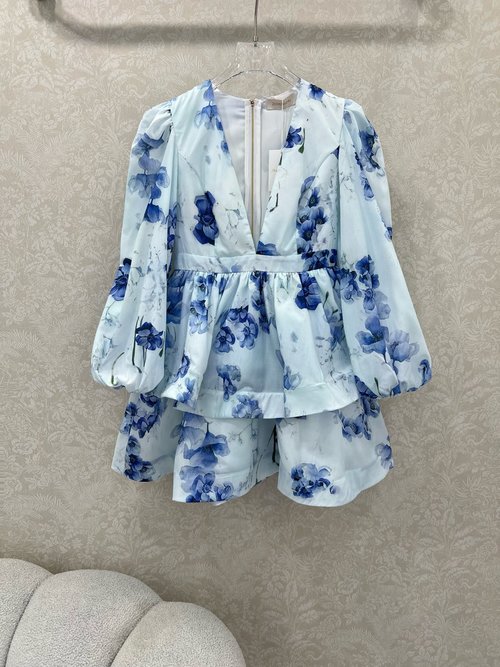Zimmermann Flower Print Dress with V-neck, Lantern Sleeves and Ruffled Waist