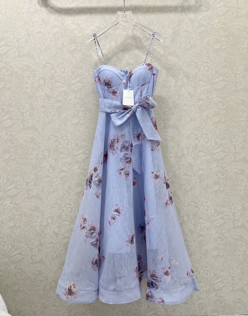 Zimmermann Rose Print Sling Dress with Rhinestone Straps, Linen Fabric, and Big Swing Skirt