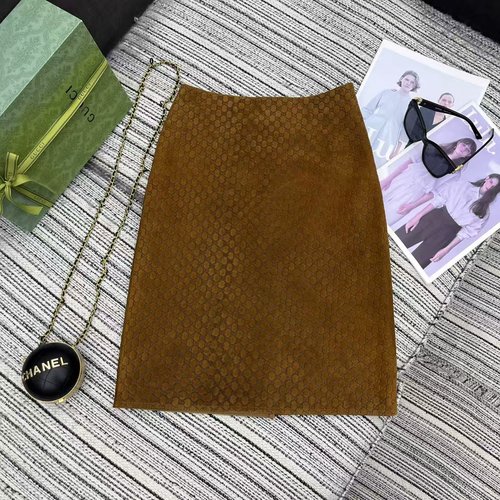 Gucci Logo Embossed Suede Leather Skirt, Made of 100% Sheepskin