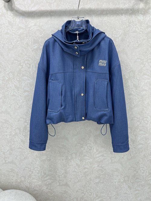 Miu Miu Logo Embroidery Denim Jacket with Vintage Enzyme Wash and Loose Fit